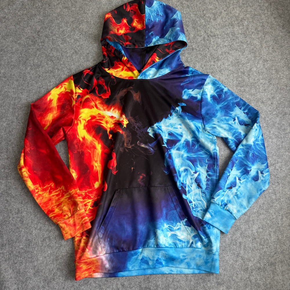 Fire Ice Dragon Hoodie Mens XL Red Blue Graphic Pullover Sweatshirt All Over